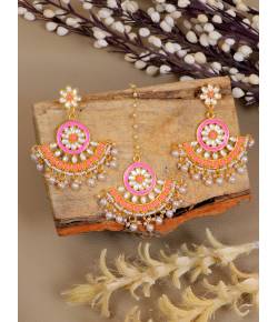 Crunchy Fashion Gold-Plated Imitattion Pearl & Pink Kundan Earring With Maang Tika RAE1981