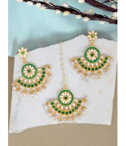 Crunchy Fashion Gold-Plated Imitattion Pearl & Green Kundan Earring With Maang Tika RAE1987