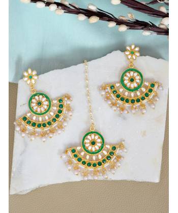 Crunchy Fashion Gold-Plated Imitattion Pearl & Green Kundan Earring With Maang Tika RAE1987
