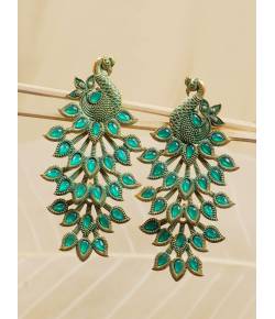 Oxidized Gold-Plated Traditional Green Peacock Dangler Design Earrings RAE1990