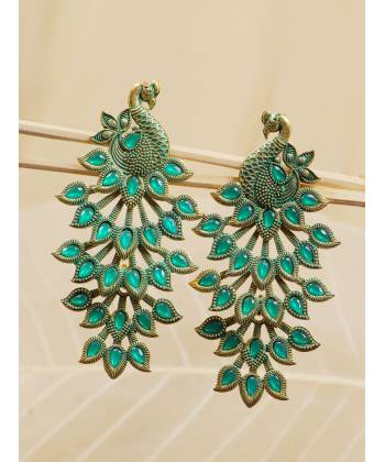 Oxidized Gold-Plated Traditional Green Peacock Dangler Design Earrings RAE1990