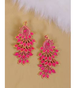 Oxidized Gold-Plated Traditional Pink Peacock Dangler Design Earrings RAE1993