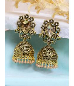 Crunchy Fashion Gold-Plated Black Stone & Pearl Jhumka Jhumki Earrings RAE2000