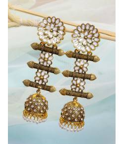 Crunchy Fashion Long Gold Plated Triple Step Layered Kundan  Jhumka Earring  RAE2005