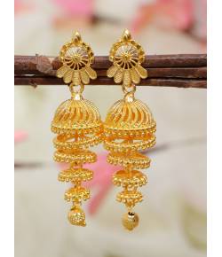 Traditional Gold-Plated Floral Design Jhumka In Multilayer Earrings RAE2007