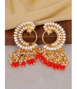 Crunchy Fashion Gold-plated Long Peacock Red Pearl Enamel Dangler Earrings RAE2011