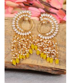 Crunchy Fashion Gold-plated Long Peacock Yellow Pearl Enamel Dangler Earrings RAE2014