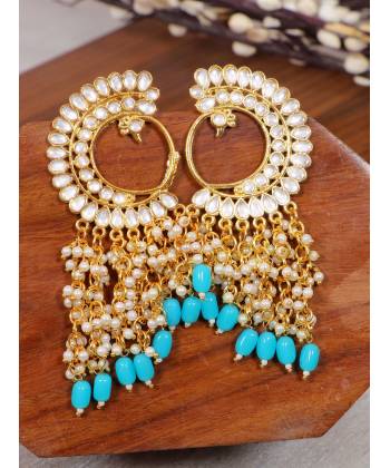 Crunchy Fashion Gold-plated Long Peacock Sky Blue Pearl Enamel Dangler Earrings RAE2015