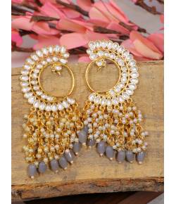 Crunchy Fashion Gold-plated Long Peacock Royal Grey Pearl Enamel Dangler Earrings RAE2017