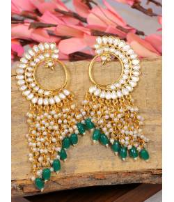 Crunchy Fashion Gold-plated Long Peacock Green Pearl Enamel Dangler Earrings RAE2018