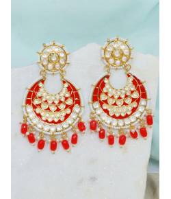 Crunchy Fashion Gold-Plated Red Meenakari kundan Work Layered Chandbali Earrings RAE2020