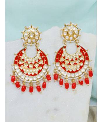 Crunchy Fashion Gold-Plated Red Meenakari kundan Work Layered Chandbali Earrings RAE2020