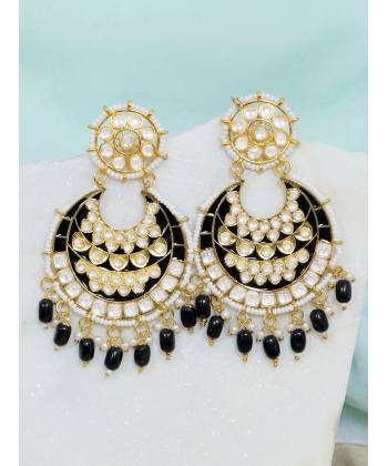 Crunchy Fashion Gold-Plated Black Meenakari kundan Work Layered Chandbali Earrings RAE2022