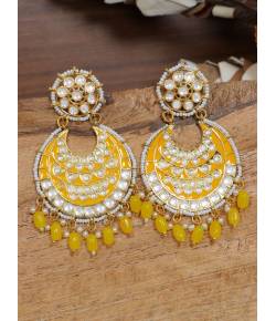 Crunchy Fashion Gold-Plated Yellow Meenakari kundan Work Layered Chandbali Earrings RAE2023
