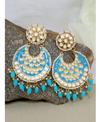 Crunchy Fashion Gold-Plated Sky Blue Meenakari kundan Work Layered Chandbali Earrings RAE2024