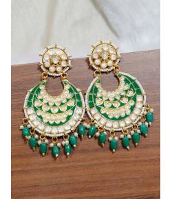 Crunchy Fashion Gold-Plated Green Meenakari kundan Work Layered Chandbali Earrings RAE2027
