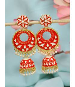 Crunchy Fashion Gold-Plated Meenakari Red Floral  Dangler Jhumki Earrings RAE2030