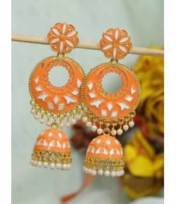 Crunchy Fashion Gold-Plated Meenakari Orange Floral  Dangler Jhumki Earrings RAE2033