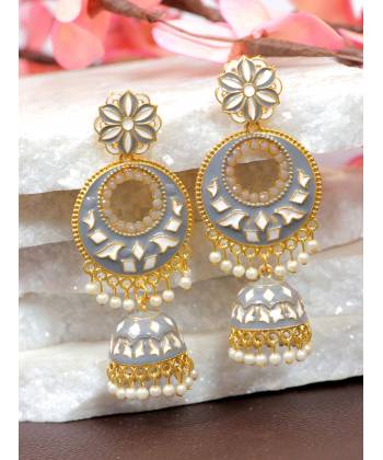 Crunchy Fashion Gold-Plated Meenakari Grey Floral  Dangler Jhumki Earrings RAE2039