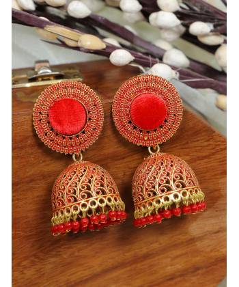 Crunchy Fashion Round Shape Red Velvet Gold-plated Enamel Jhumka Earring RAE2040