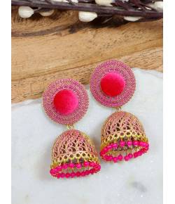 Crunchy Fashion Round Shape Pink Velvet Gold-plated Enamel Jhumka Earring RAE2041