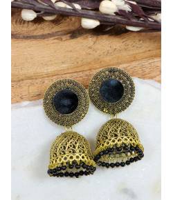 Crunchy Fashion Round Shape Black Velvet Gold-plated Enamel Jhumka Earring RAE2042