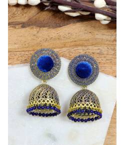Crunchy Fashion Round Shape Blue Velvet Gold-plated Enamel Jhumka Earring RAE2046