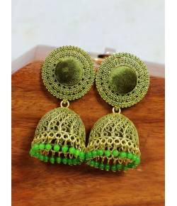 Crunchy Fashion Round Shape Green Velvet Gold-plated Enamel Jhumka Earring RAE2047