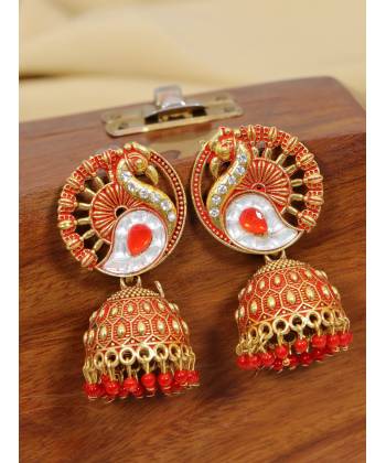 Crunchy Fashion Gold-Plated Red Antique Peacock Jhumki Earrings RAE2050