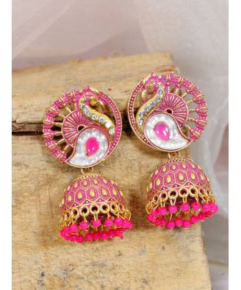 Crunchy Fashion Gold-Plated Pink Antique Peacock Jhumki Earrings RAE2051