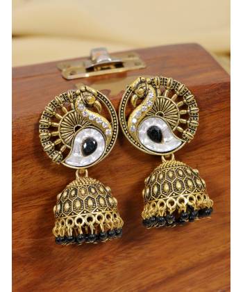 Crunchy Fashion Gold-Plated Black Antique Peacock Jhumki Earrings RAE2053
