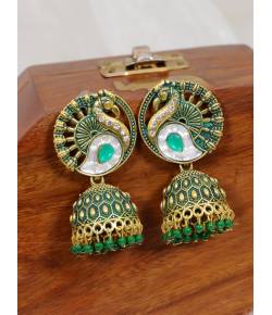 Crunchy Fashion Gold-Plated Green Antique Peacock Jhumki Earrings RAE2057