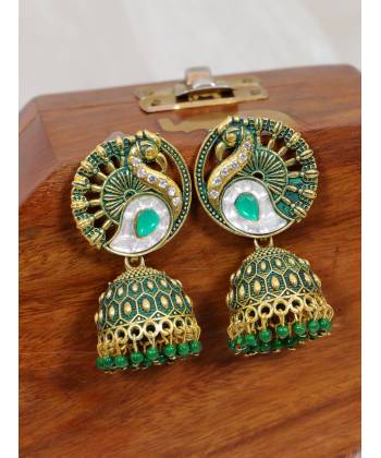 Crunchy Fashion Gold-Plated Green Antique Peacock Jhumki Earrings RAE2057