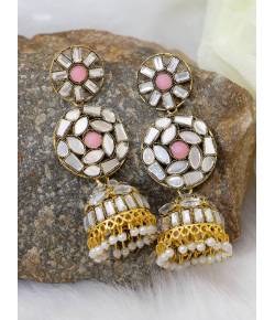 Crunchy Fashion Gold-plated Handmade Pink Stone Mirror Work Jhumka Earring RAE2061