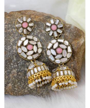 Crunchy Fashion Gold-plated Handmade Pink Stone Mirror Work Jhumka Earring RAE2061