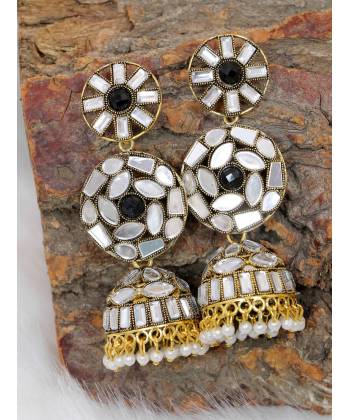 Crunchy Fashion Gold-plated Handmade Black Stone Mirror Work Jhumka Earring RAE2063