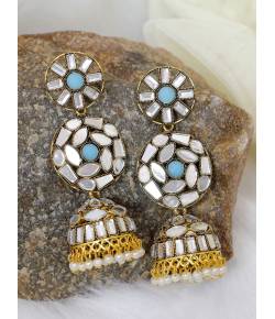 Crunchy Fashion Gold-plated Handmade Blue  Stone Mirror Work Jhumka Earring RAE2064