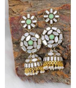 Crunchy Fashion Gold-plated Handmade Green Stone Mirror Work Jhumka Earring RAE2065