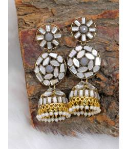 Crunchy Fashion Gold-plated Handmade Grey  Stone Mirror Work Jhumka Earring RAE2066