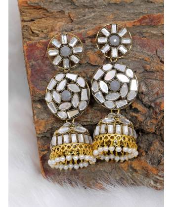 Crunchy Fashion Gold-plated Handmade Grey  Stone Mirror Work Jhumka Earring RAE2066