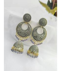 Grey Meenakari Partywear Pearl Jhumka Earrings for Women & Girls