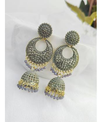 Grey Meenakari Partywear Pearl Jhumka Earrings for Women & Girls