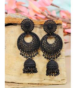 Traditional Oxidised Silver Black  Long Chandbali Jhumka Jhumki Earrings RAE2072