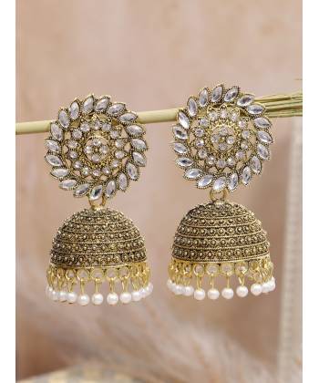 Crunchy Fashion Gold-Plated Heritage Pearl  Dome Jhumka Earrings RAE2082