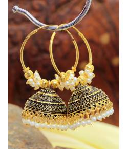Crunchy Fashion Oxidized Gold-Plated Ethnic Pearl Hoop Jhumki Earring RAE2086