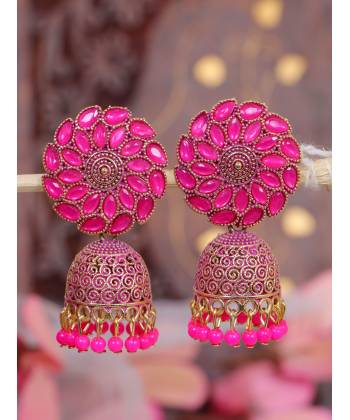 Crunchy Fashion Gold-Plated Royal Pink Kundan Floral Design Jhumki Earring RAE2094