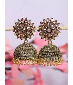 Oxidized  German Gold Plated Kundan Floral Jhumka Jhumki Earrings RAE2097