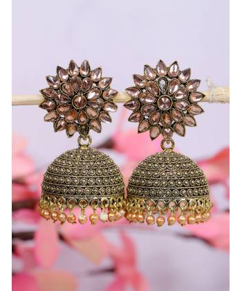 Oxidized  German Gold Plated Kundan Floral Jhumka Jhumki Earrings RAE2097