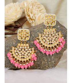 Crunchy Fashion Ethnic Gold Plated  Kundan Work Pink Pearl Dangler Earrings RAE2101