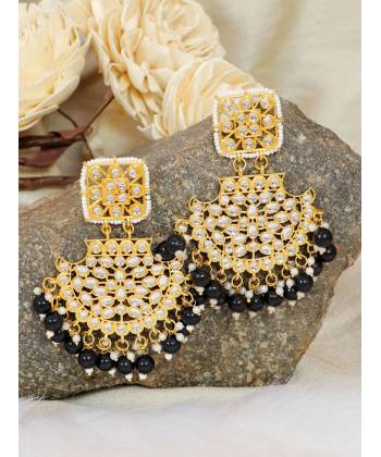 Crunchy Fashion Ethnic Gold Plated  Kundan Black Pearl Dangler Earrings RAE2102
